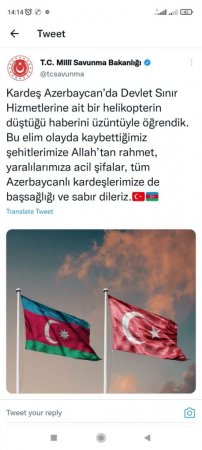 Türkiyə Müdafiə Nazirliyi helikopter qəzasına görə Azərbaycana başsağlığı verib